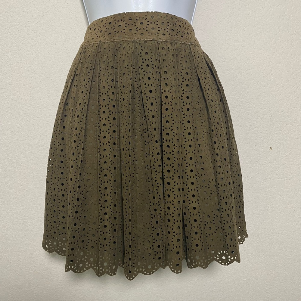 Fossil Olive Green Leather Suede Eyelet Laser Cut Skirt 4 Western Boho‎ Festive